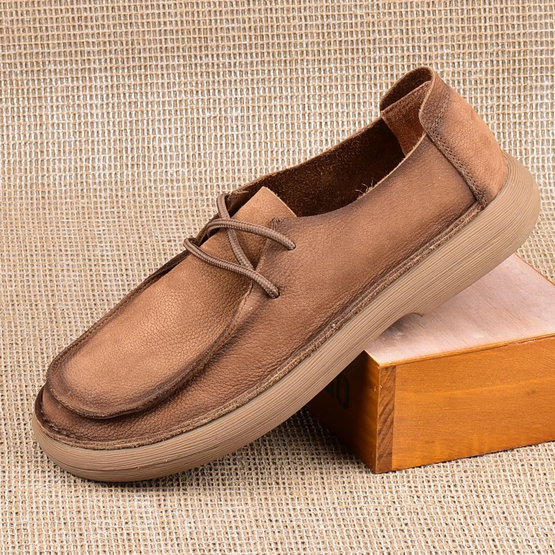 春季新款男士休闲男皮鞋真皮复古百搭软底单鞋低帮系带男鞋舒适软