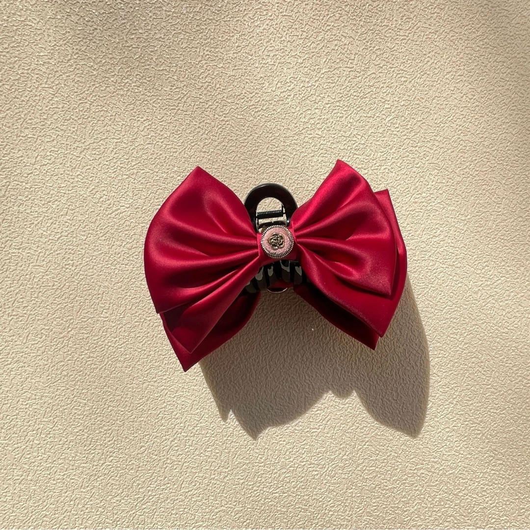 韩国ins风新款小香风鲨鱼夹醋酸丝绸蝴蝶结弹簧抓夹轻奢时尚儿童