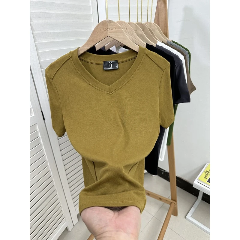 欧货鱼骨腰线设计感短袖V领桃心领t恤女夏装半袖百搭洋气女士上衣