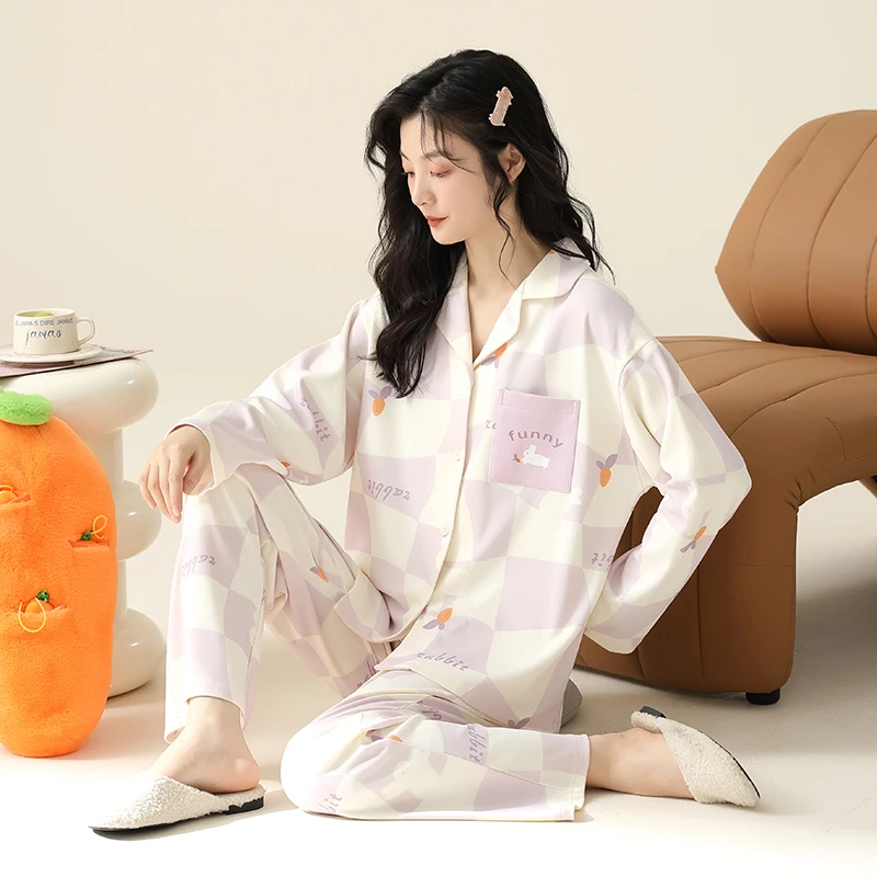 【紫格带胸垫图文】睡衣女春秋季纯棉长袖格子开衫套装可外穿家居服