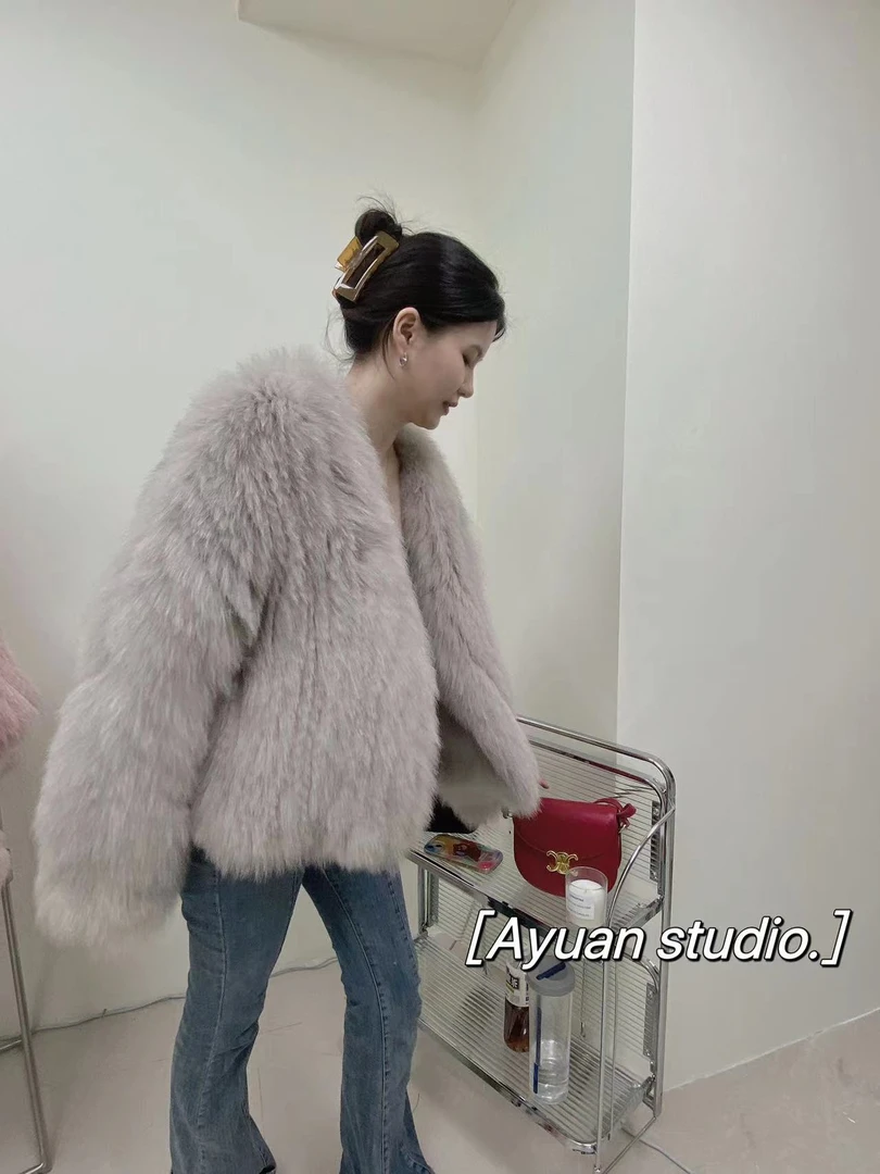 阿元【起司猫2.0】韩系百搭狐狸毛双面编织外套女加密加厚