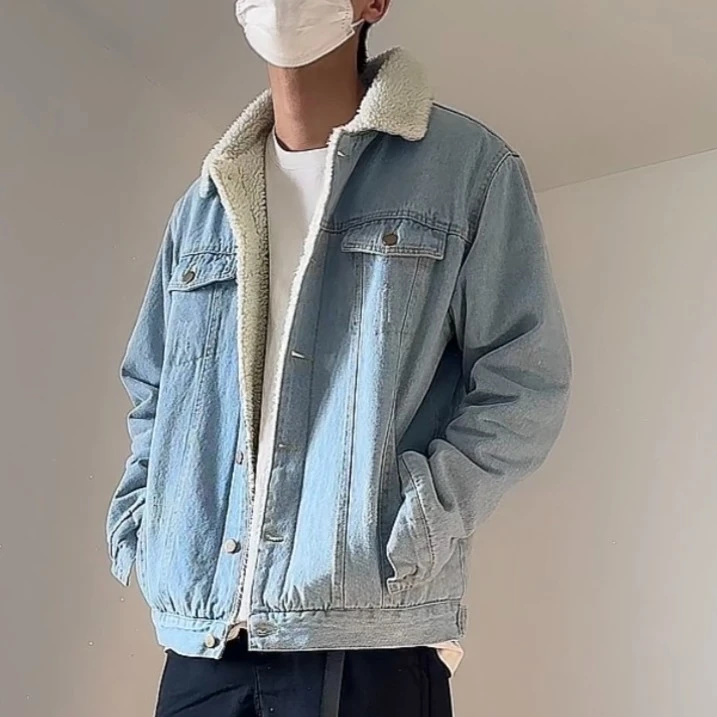 某维斯16365平替做旧磨破水洗牛仔羊羔毛休闲男外套夹克加绒加厚
