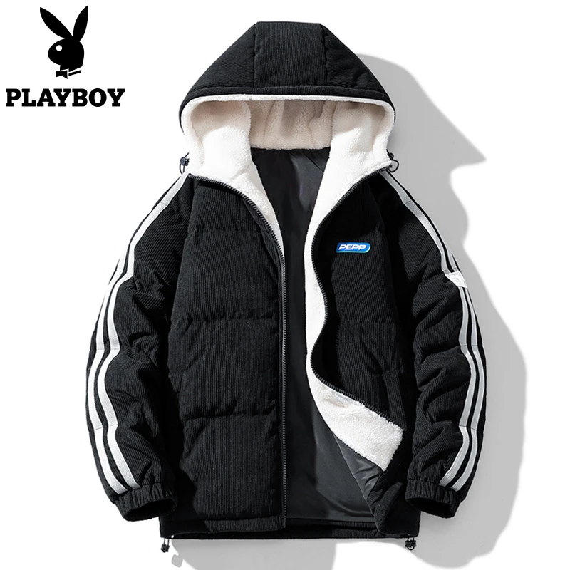 PLAYBOY男士棉服外套冬季新款加绒加厚羊羔绒棉衣大东北保暖棉袄