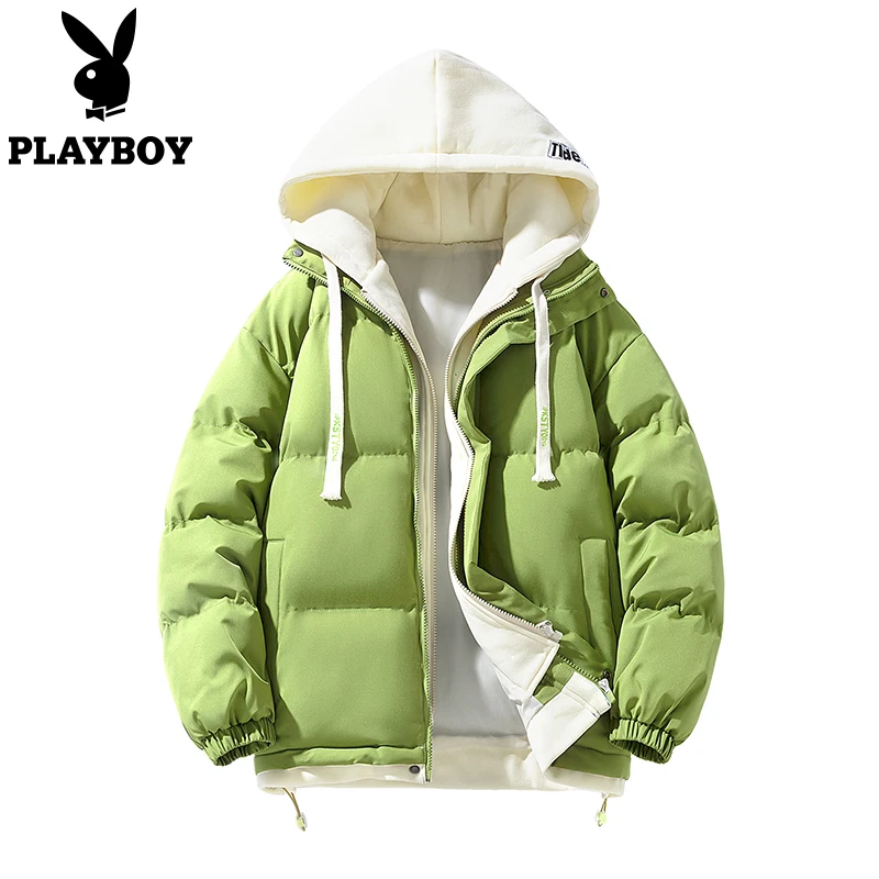 PLAYBOY男生冬季保暖连帽棉服加厚假两件棉袄外套学生百搭面包服