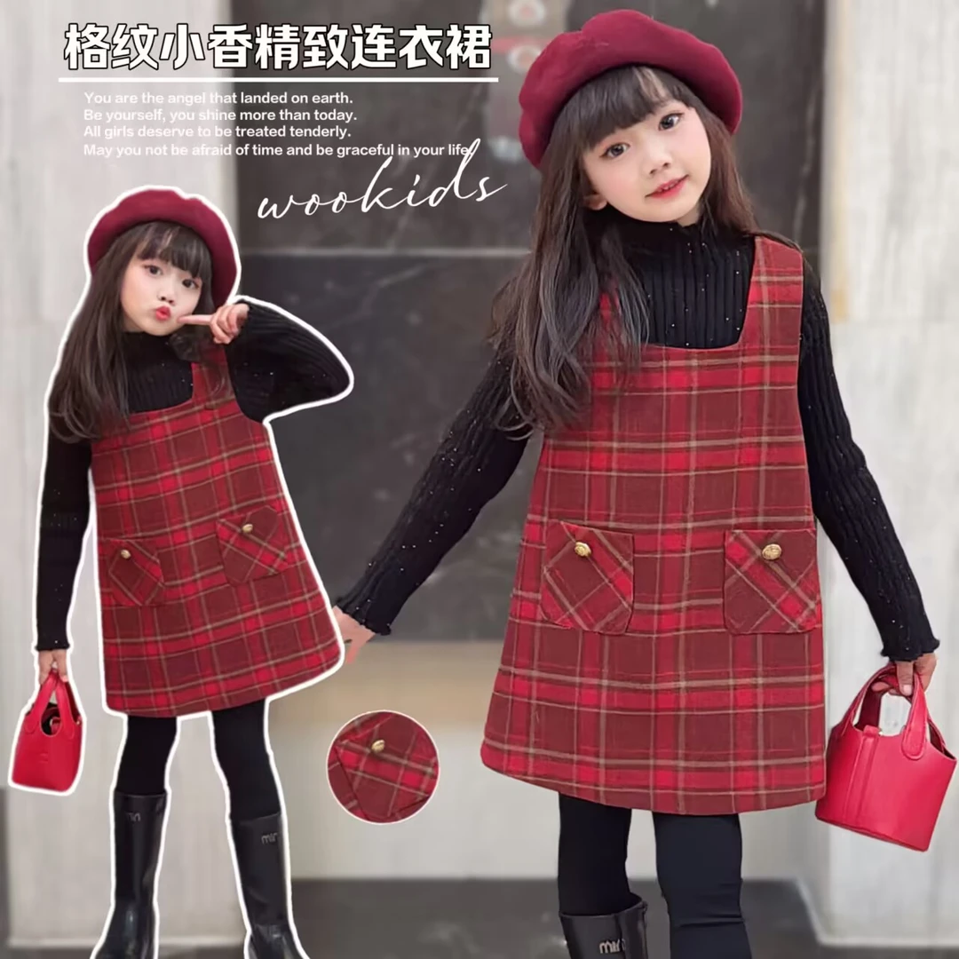 （现货）WOOKIDS定制亲子童装“新年格”定制呢子连衣裙 W23122702