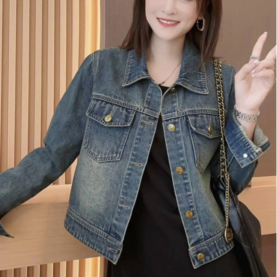 港风新款牛仔短外套女2025秋季新款复古百搭小个子翻领夹克开衫