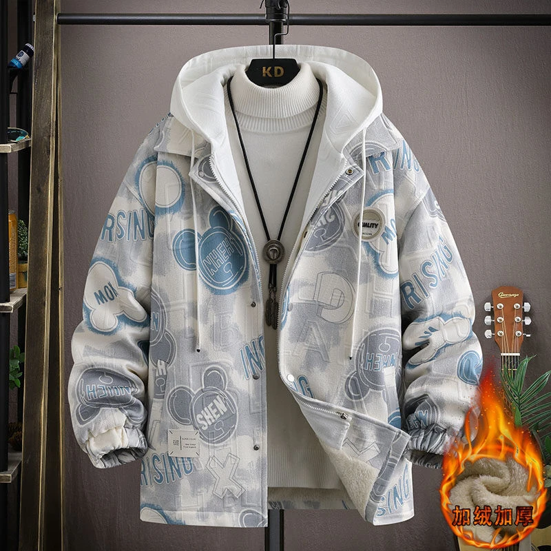 【加绒加厚】青少年学生冬季保暖夹克男潮流外套宽松帅气连帽上衣男