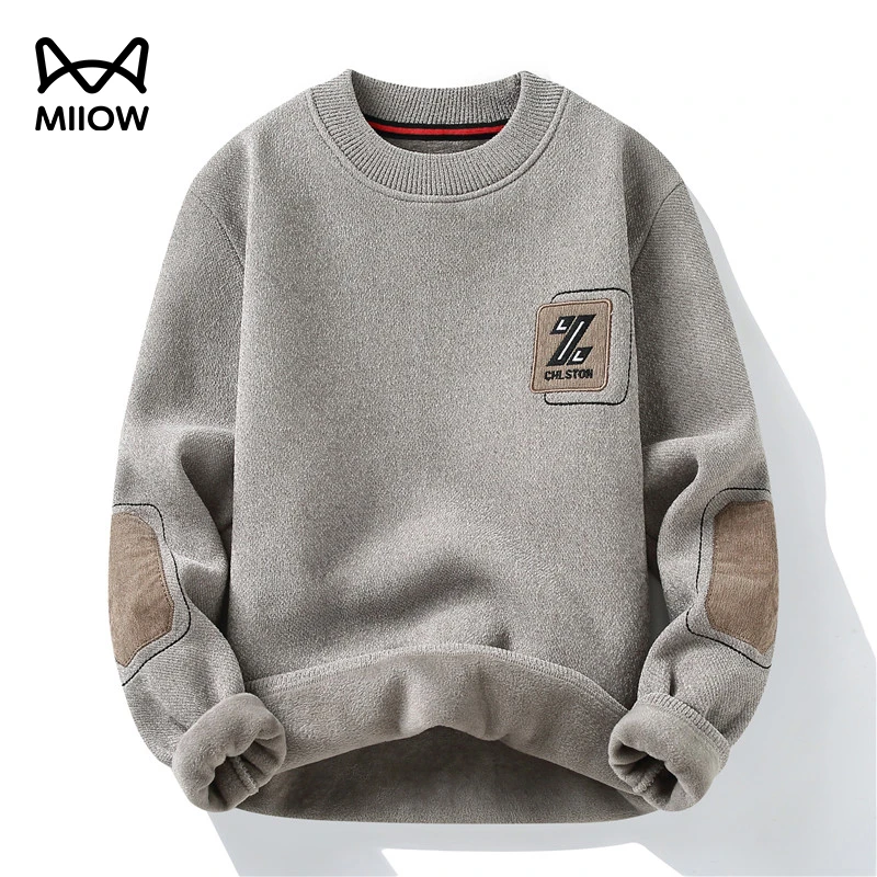 猫人秋冬新款天鹅绒毛衣圆领刺绣加绒加厚保暖针织衫一体绒打底衫