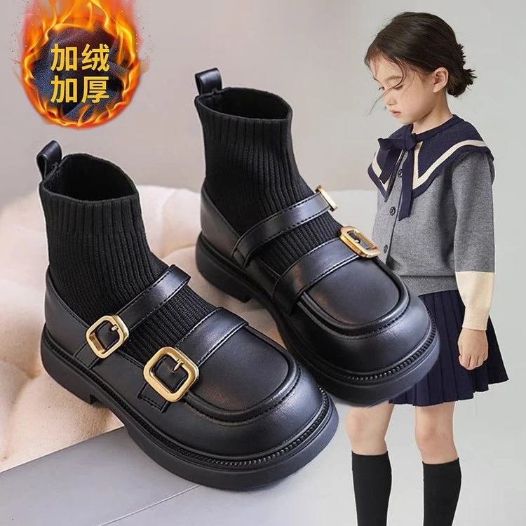 女童鞋秋冬新款2023儿童靴子袜靴短靴小女孩皮鞋加绒公主鞋时骑行