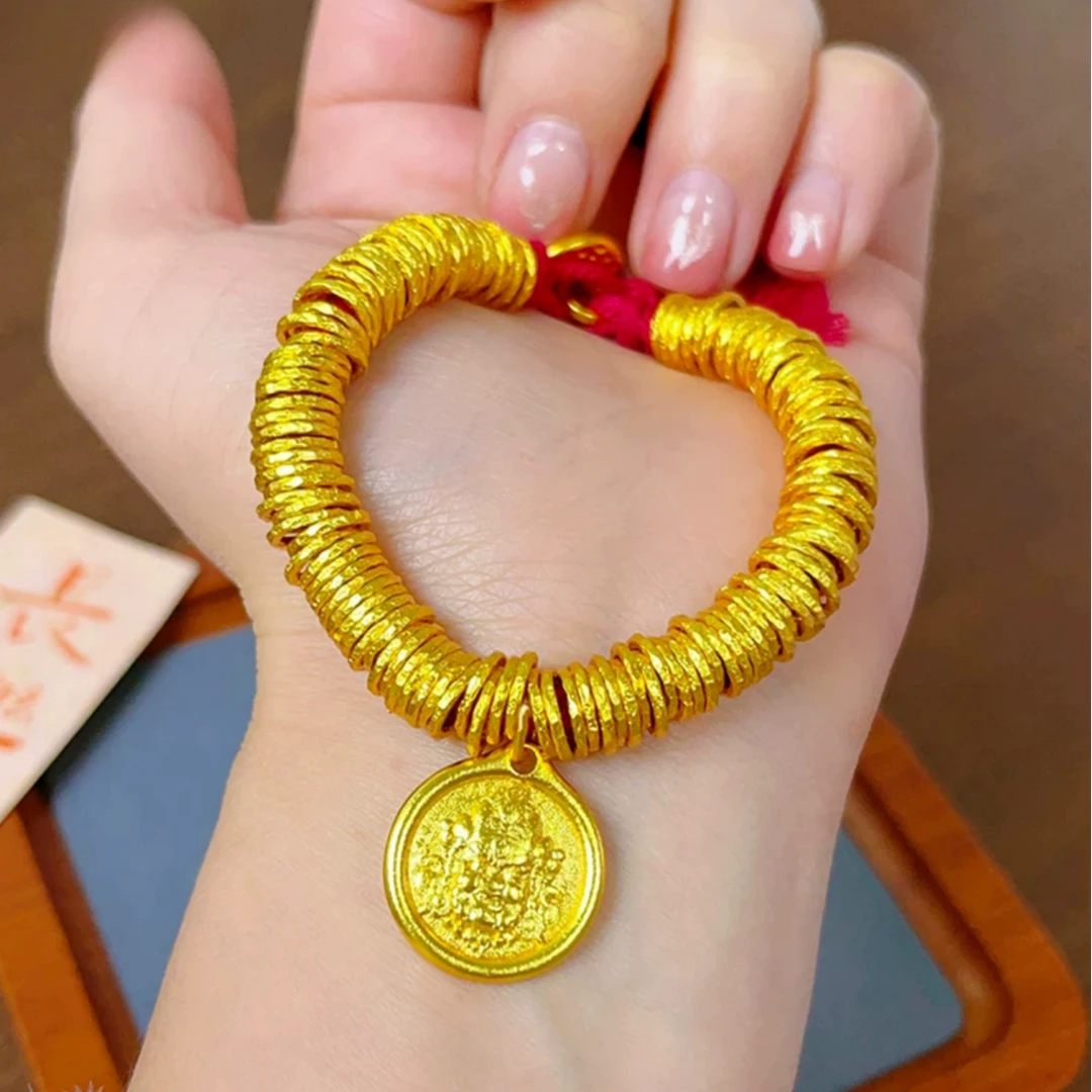 铜合金布艺手链 古法锤纹圈盘缠钱币黄财神手链编织红绳男女情侣