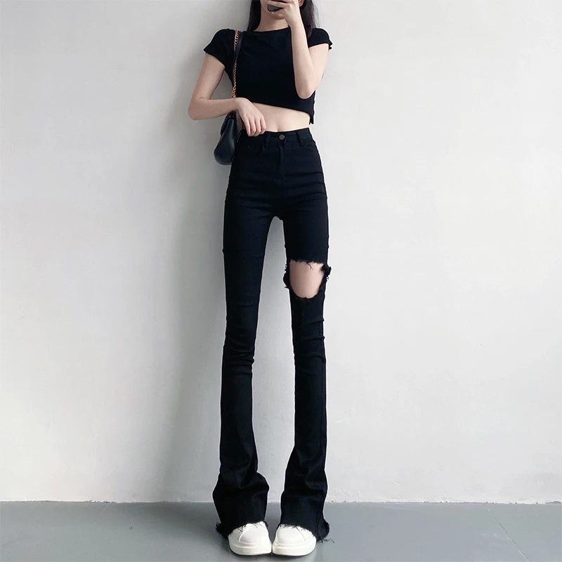 夏季高腰显瘦薄款黑色破洞微喇叭牛仔裤女175高个子加长版拖地裤