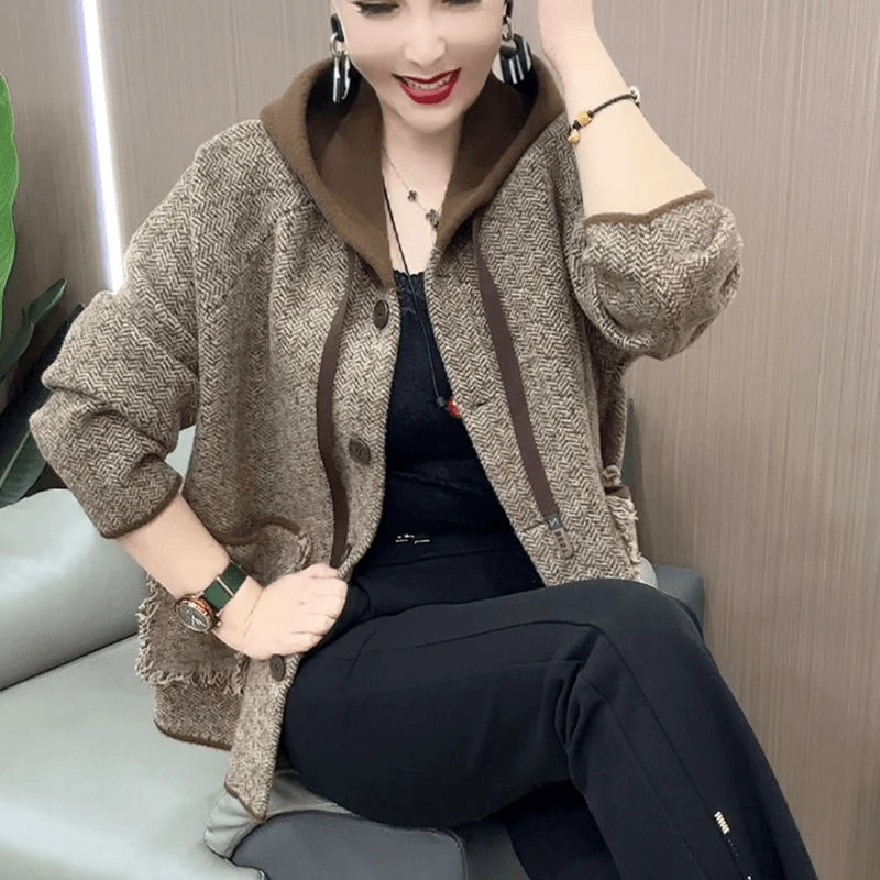 毛呢绒外套女2025春秋时尚流苏口袋韩版宽松年轻妈妈款连帽上衣厚