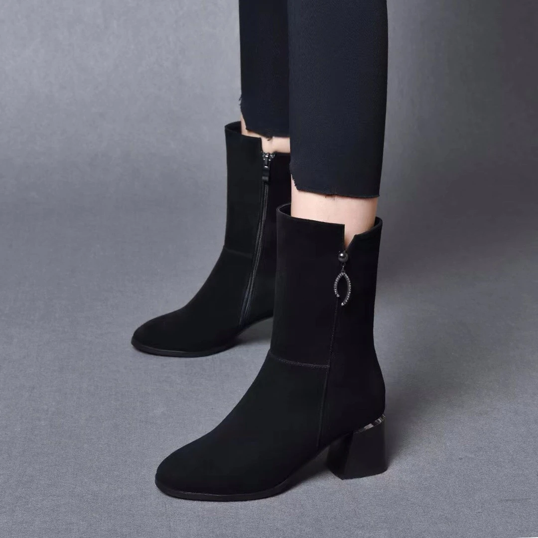 粗跟中筒靴秋冬季百搭时尚真皮女靴中跟加绒羊绒靴子软底羊京绒靴