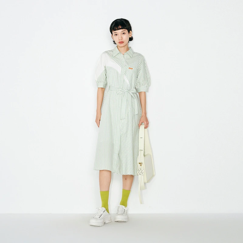 Marisfrolg.SU玛丝菲尔素轻盈绿皓月白条纹衬衫连衣裙B1AY30376