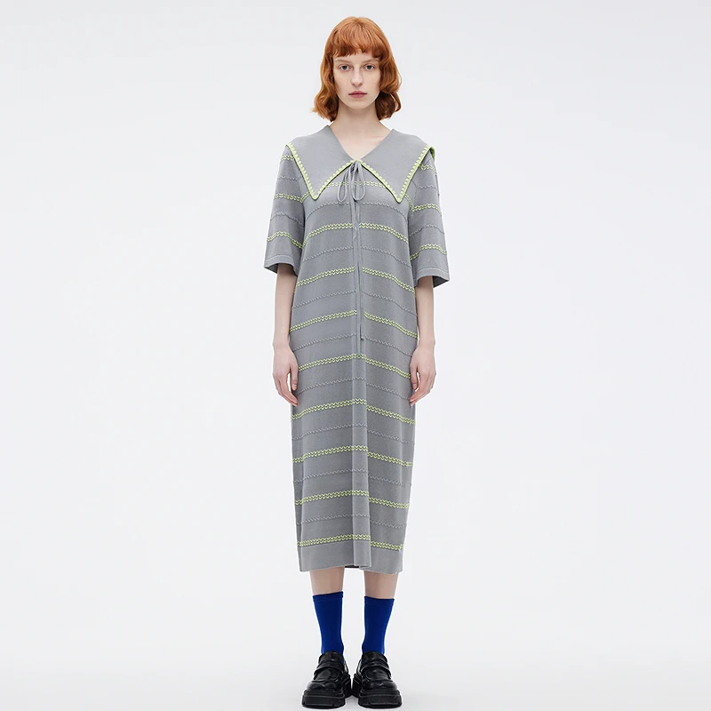 Marisfrolg.SU玛丝菲尔素针织立体麦穗条纹水泥灰连衣裙B1EG1511M