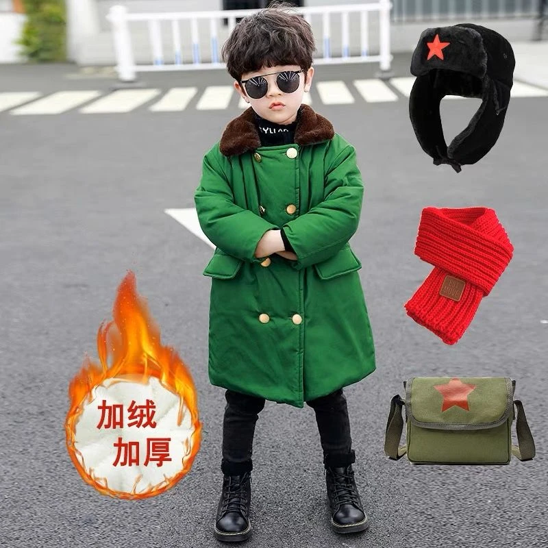 儿童军绿色大衣男童装女宝宝冬季加厚绒袄小孩网红过年服