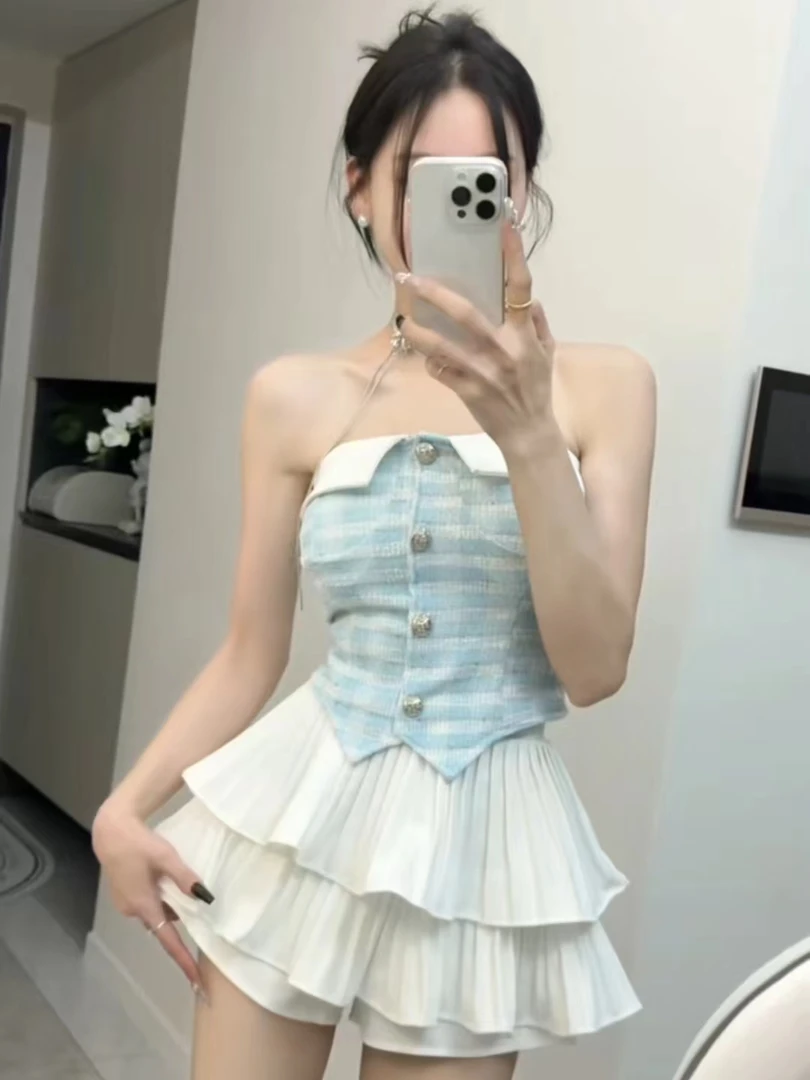 2025夏季显瘦抹胸背心外穿山茶花挂脖上衣+辣妹高腰裙裤两件套装