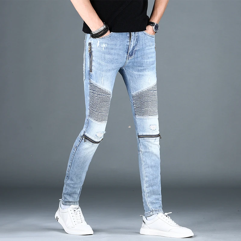 美式高街潮牌破洞牛仔裤男浅蓝色春夏新款宽松设计感拉链长裤子男