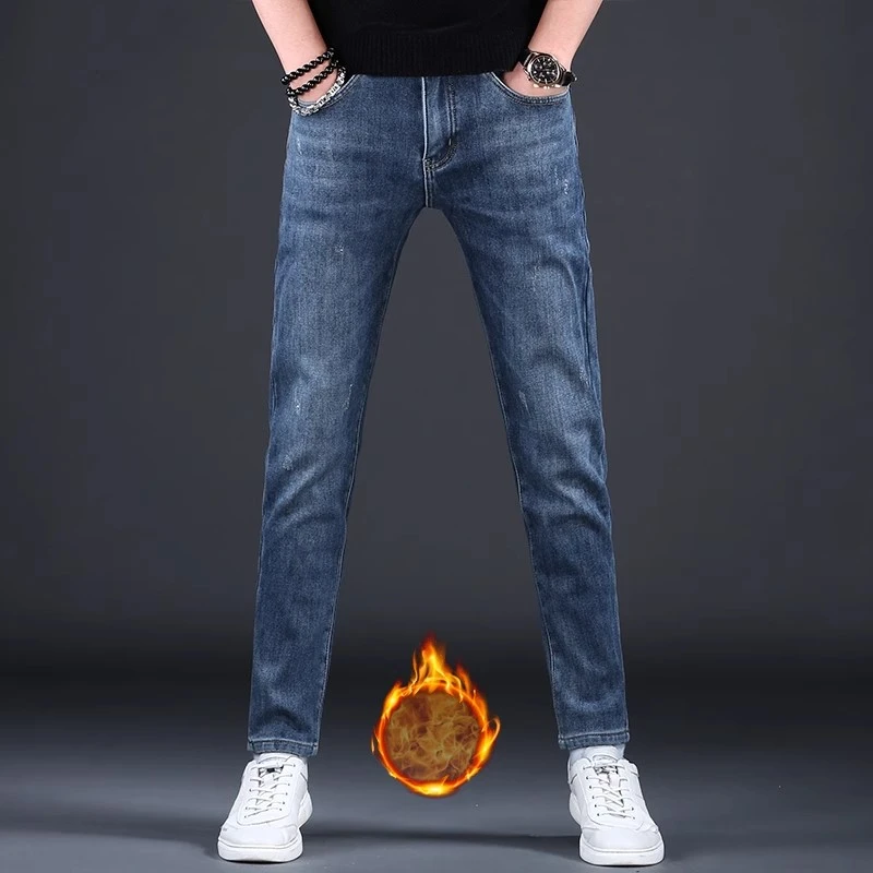蓝色秋冬男士高端加绒加厚牛仔裤男印花修身小脚保暖弹力休闲裤子