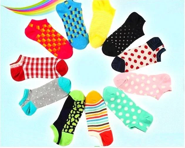 时尚彩色船袜卡通几何设计透气舒适短袜中筒高筒男女袜吸汗透气