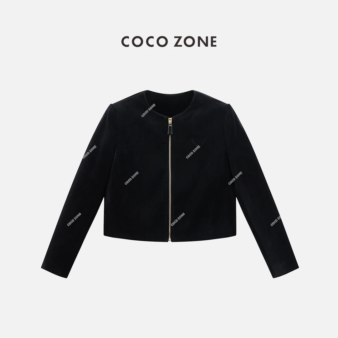 COCO ZONE 刘一一 100棉法式圆领丝绒短款定制拉链外套24C10164