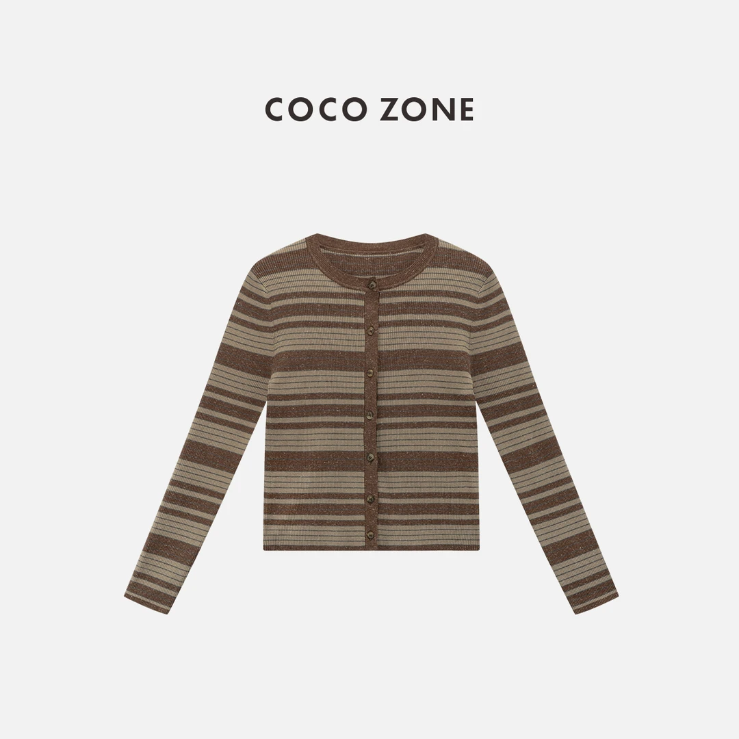COCO ZONE 刘一一"古娅"条纹圆领单排扣针织开衫百搭上衣CC2B1200