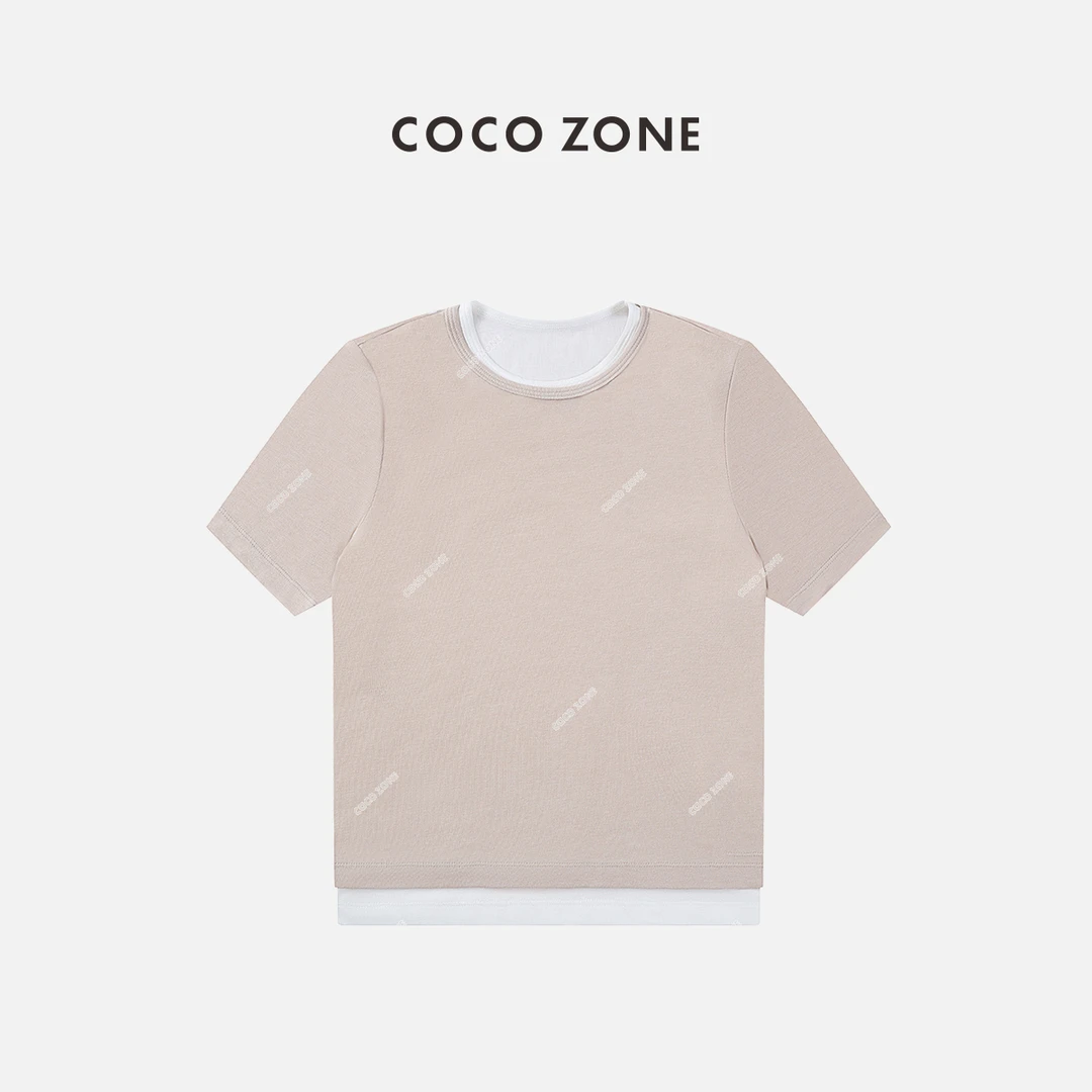 COCO ZONE 刘一一"粉黛"春季撞色圆领打底衫时尚短款T恤24C10374