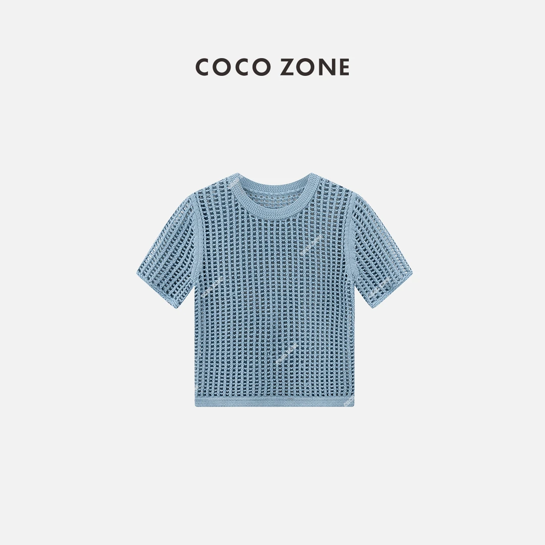 COCO ZONE 刘一一"水蓝釉"时尚镂空针织衫简约修身上衣 CC2B0734