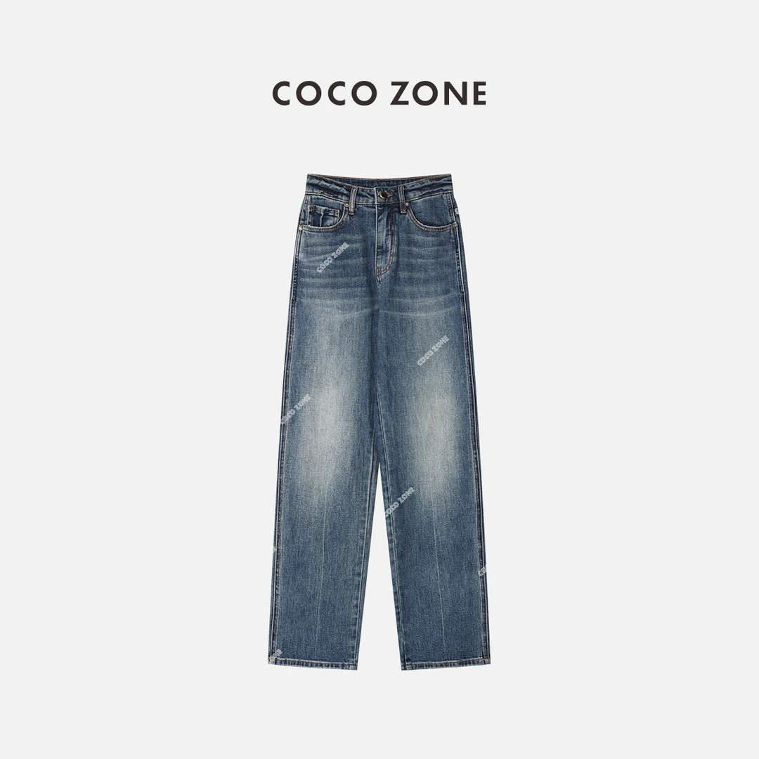 COCO ZONE 刘一一 女士休闲蓝色修身直筒裤高街牛仔裤 23C18262