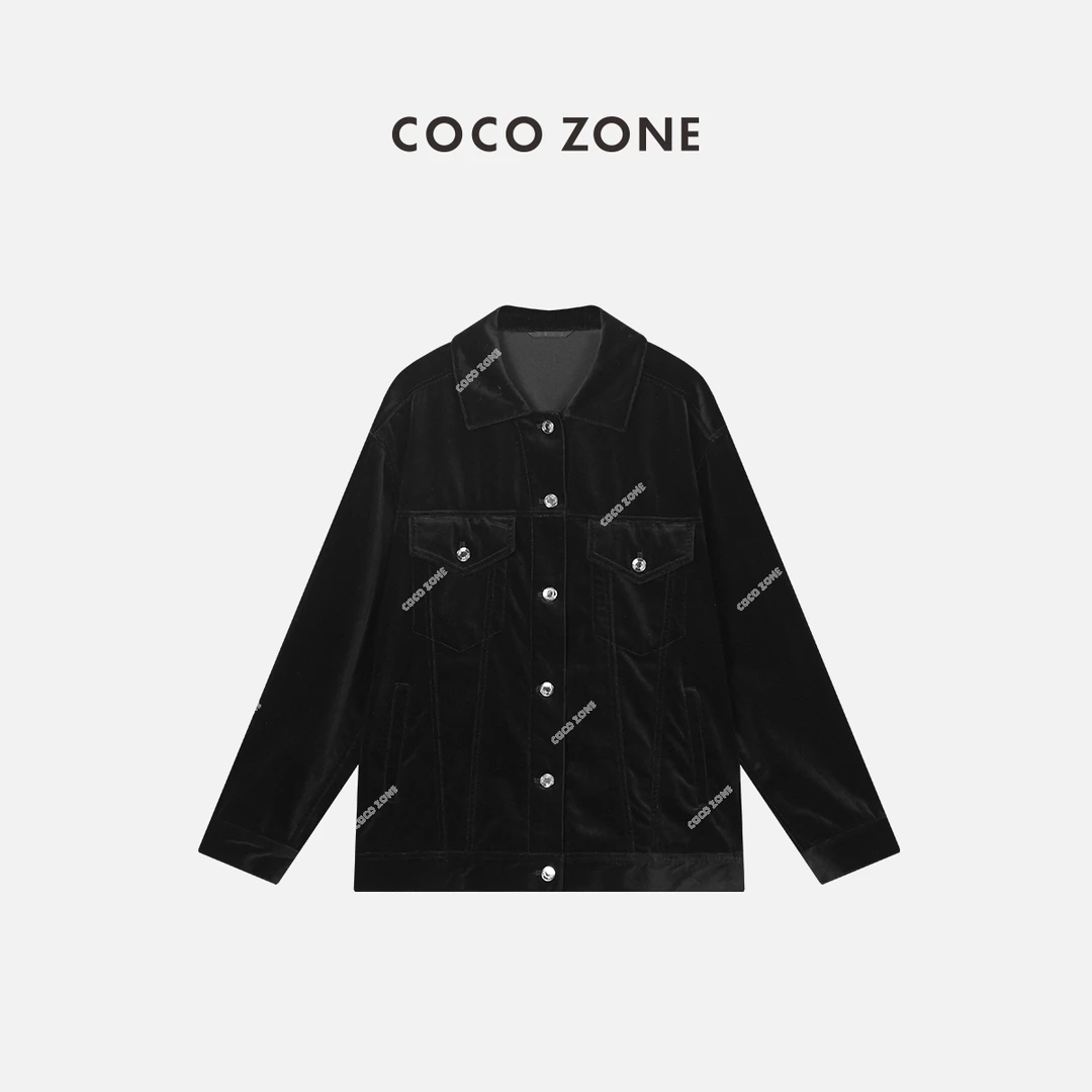 COCO ZONE 刘一一 100%棉秋季丝绒外套长袖通勤翻领排扣23C19322