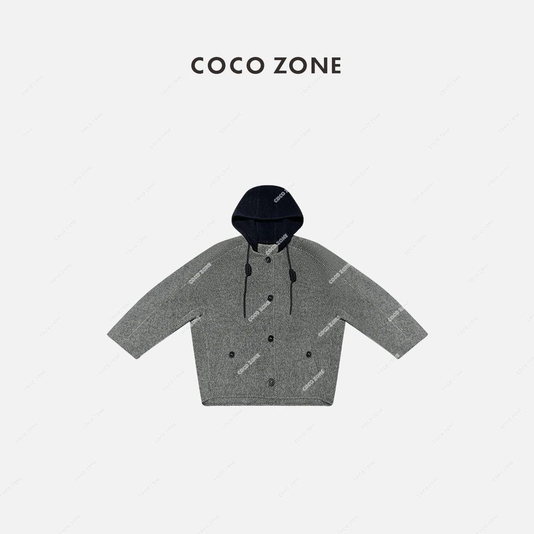COCO ZONE 刘一一 秋冬针织可拆帽系绳单排扣毛呢外套23C30145