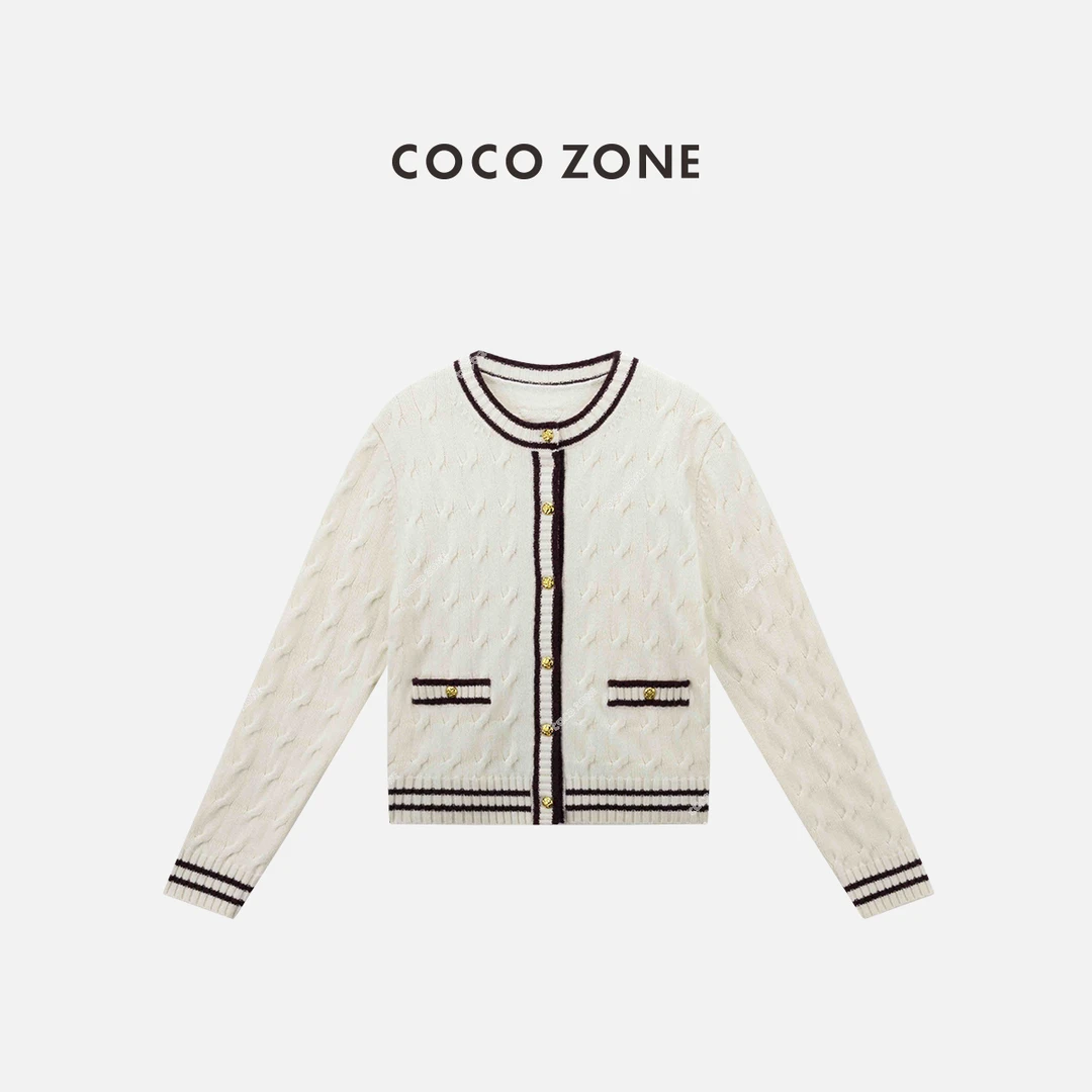 COCO ZONE 刘一一 绵羊毛山羊绒撞色圆领长袖针织开衫CC2C1473