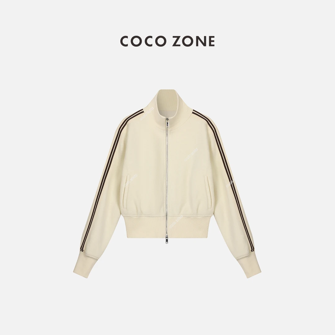 COCO ZONE 刘一一 100羊毛立领双拉链外套条纹长袖运动23C19337