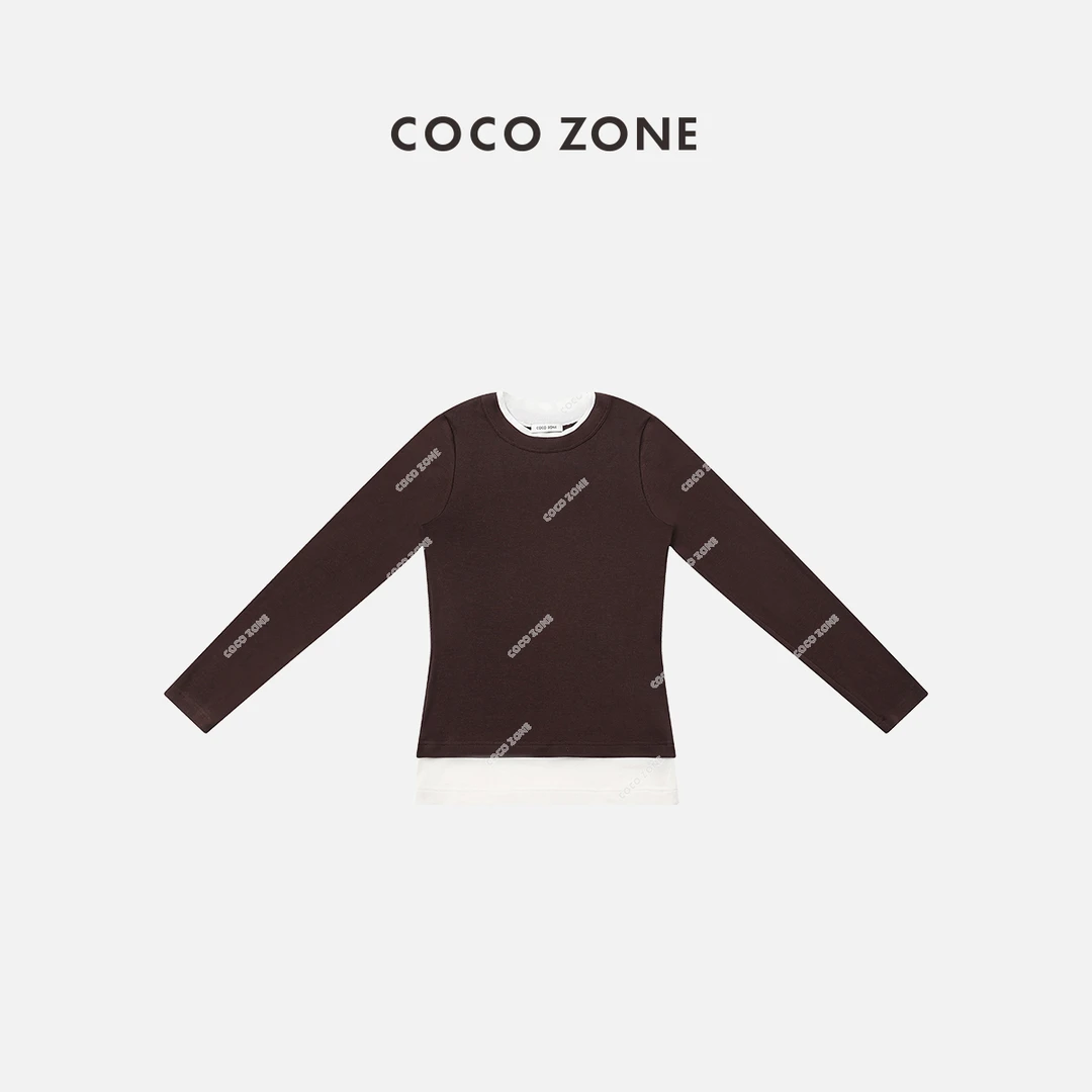 COCO ZONE 刘一一 “美拉德”秋圆领长袖拼接内搭冬衫23C19668