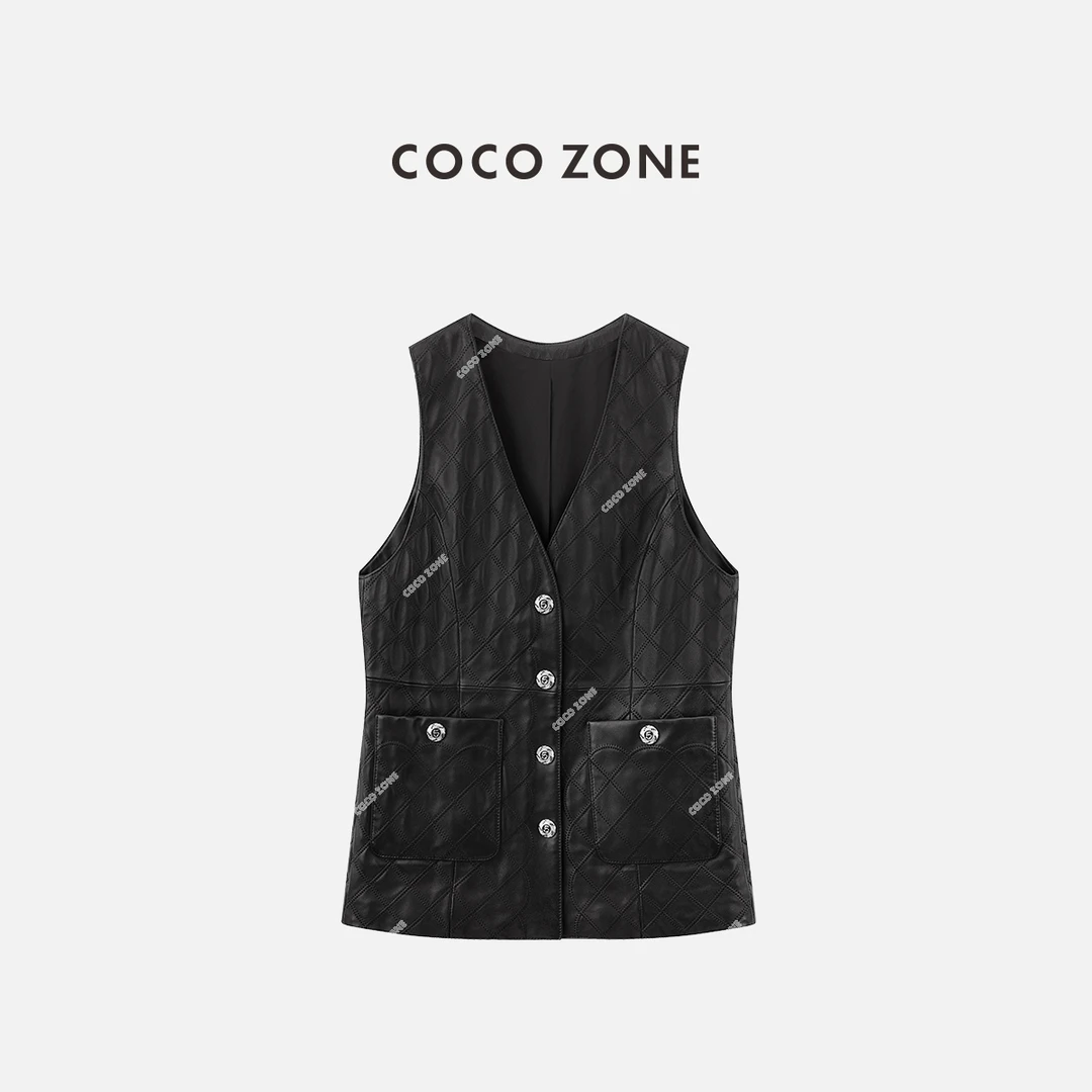 COCO ZONE 刘一一"星光皮马甲"时尚菱格无袖单排扣马甲 CC2B0907