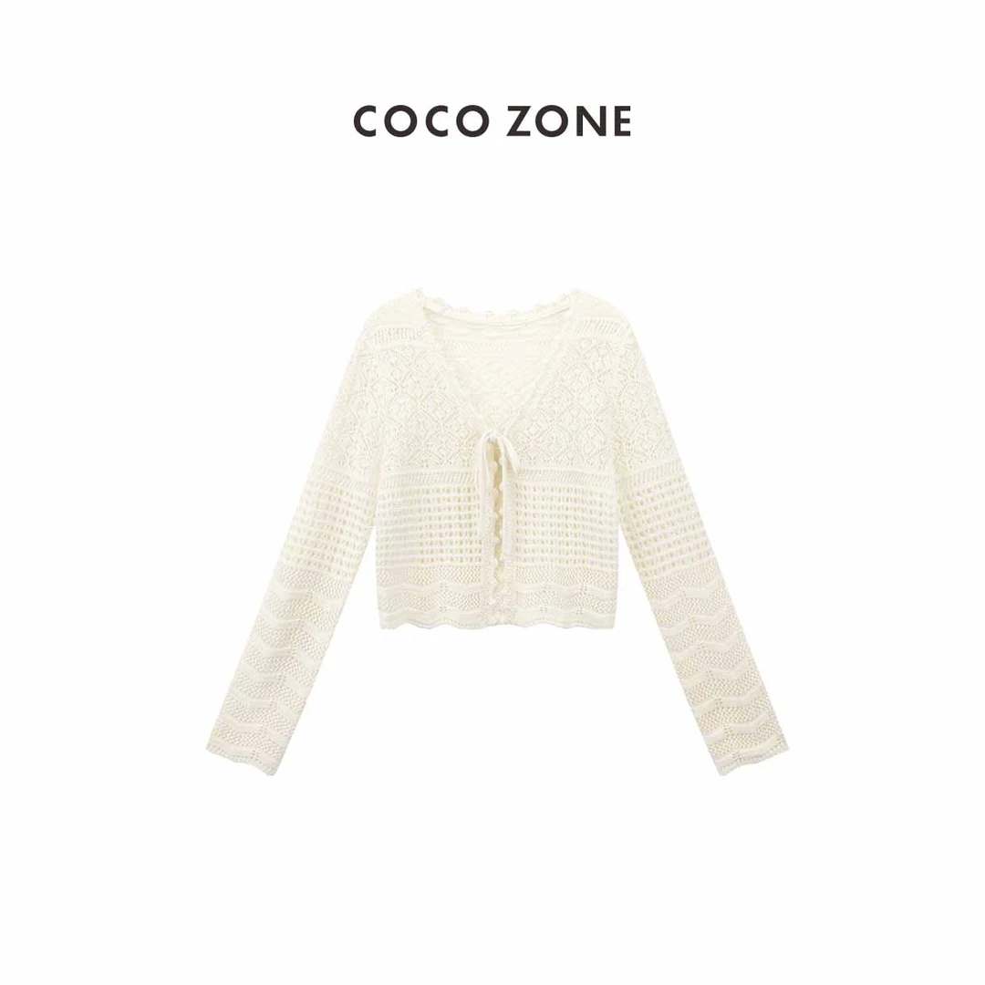 COCO ZONE 刘一一"艾莉亚"V领翻花镂空针织衫透气感上衣CC1B1085