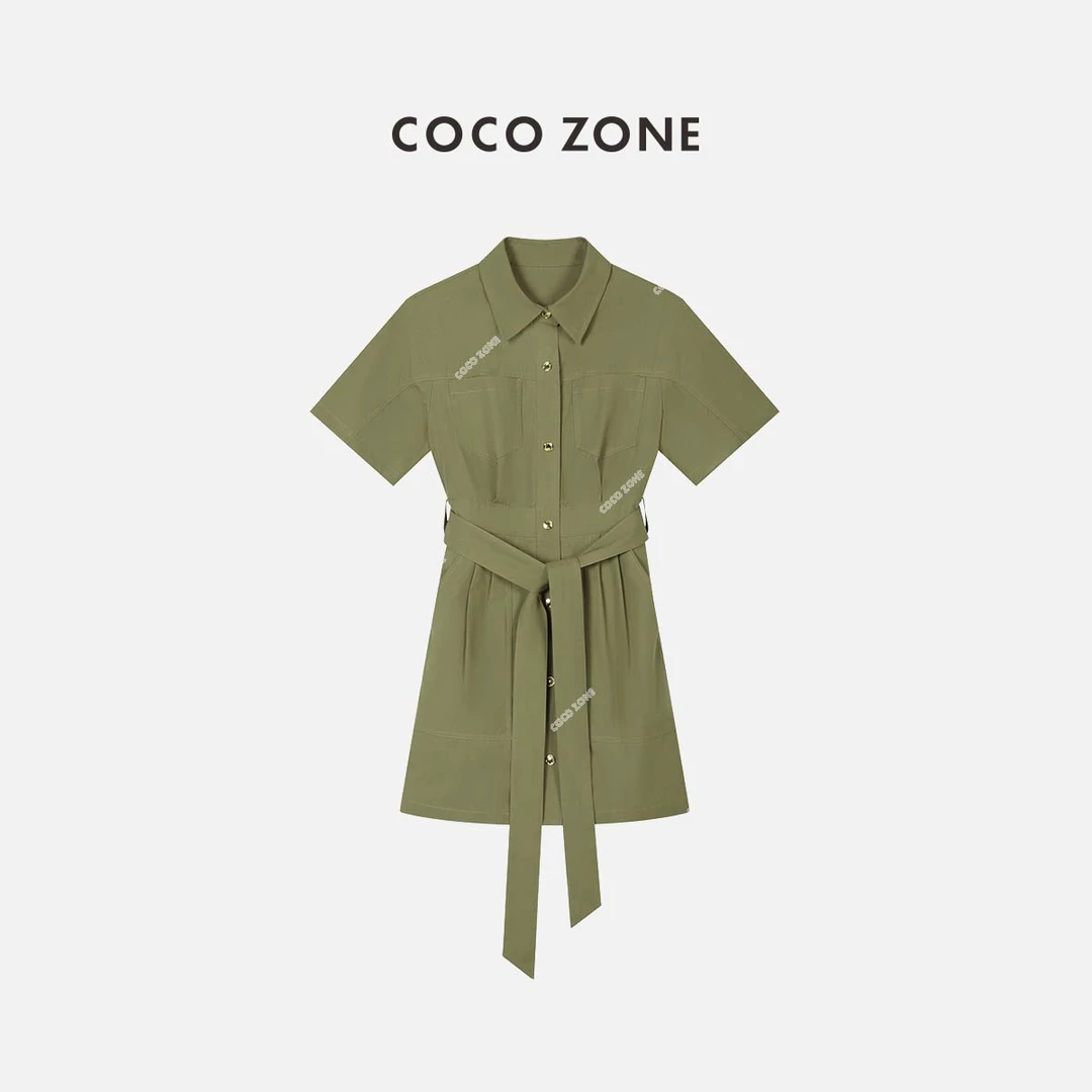 COCO ZONE 刘一一 通勤风气质短袖POLO领腰帯收腰连衣裙23C18784
