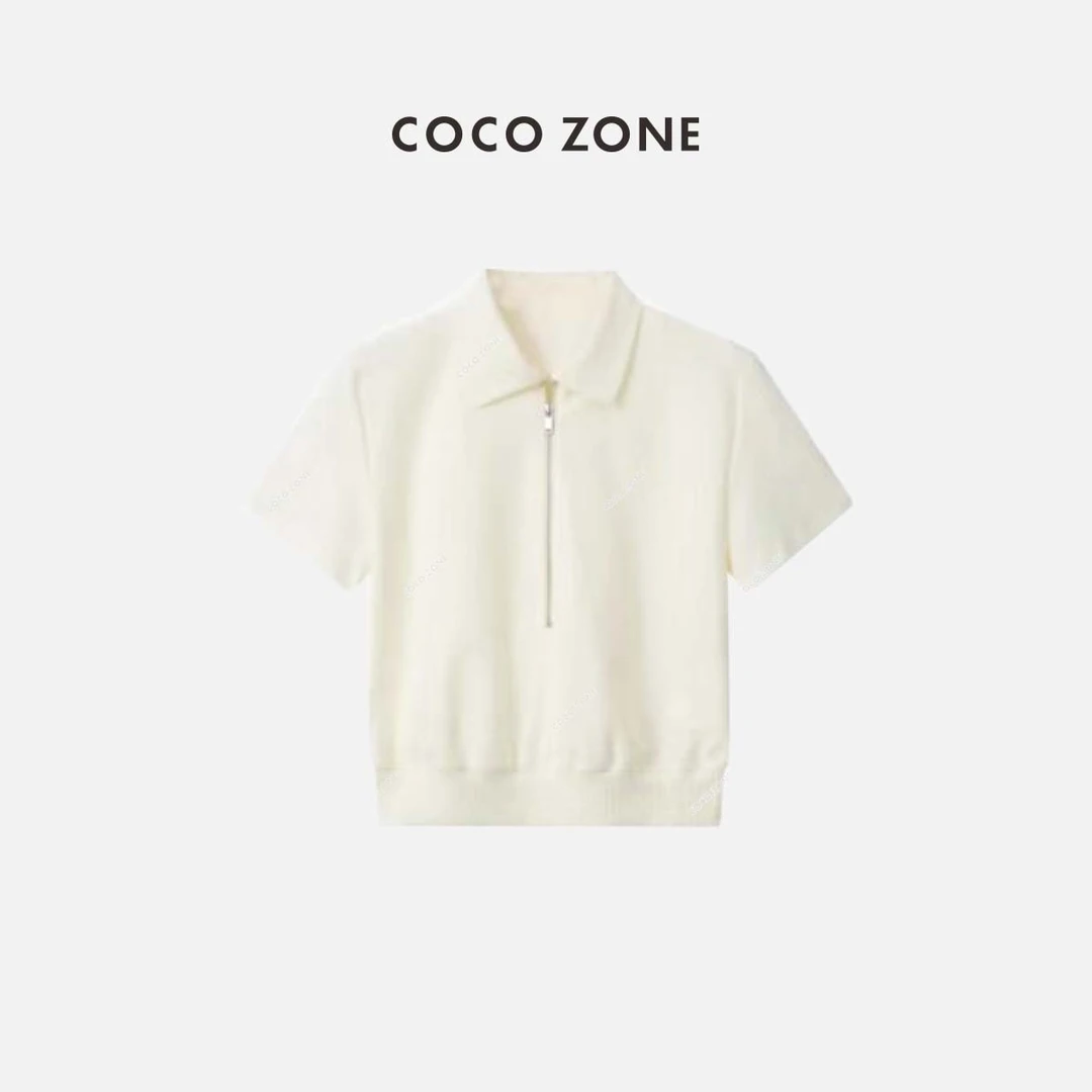 COCO ZONE 刘一一 设计感短袖POLO领拉链短款T恤上衣23C18114