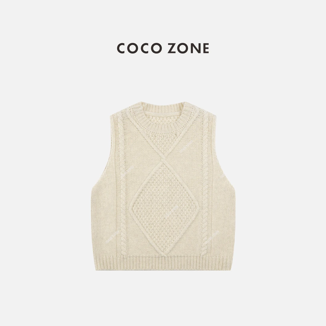 COCO ZONE 刘一一 100绵羊毛麻花针织背心别致圆领上衣CC2C2324
