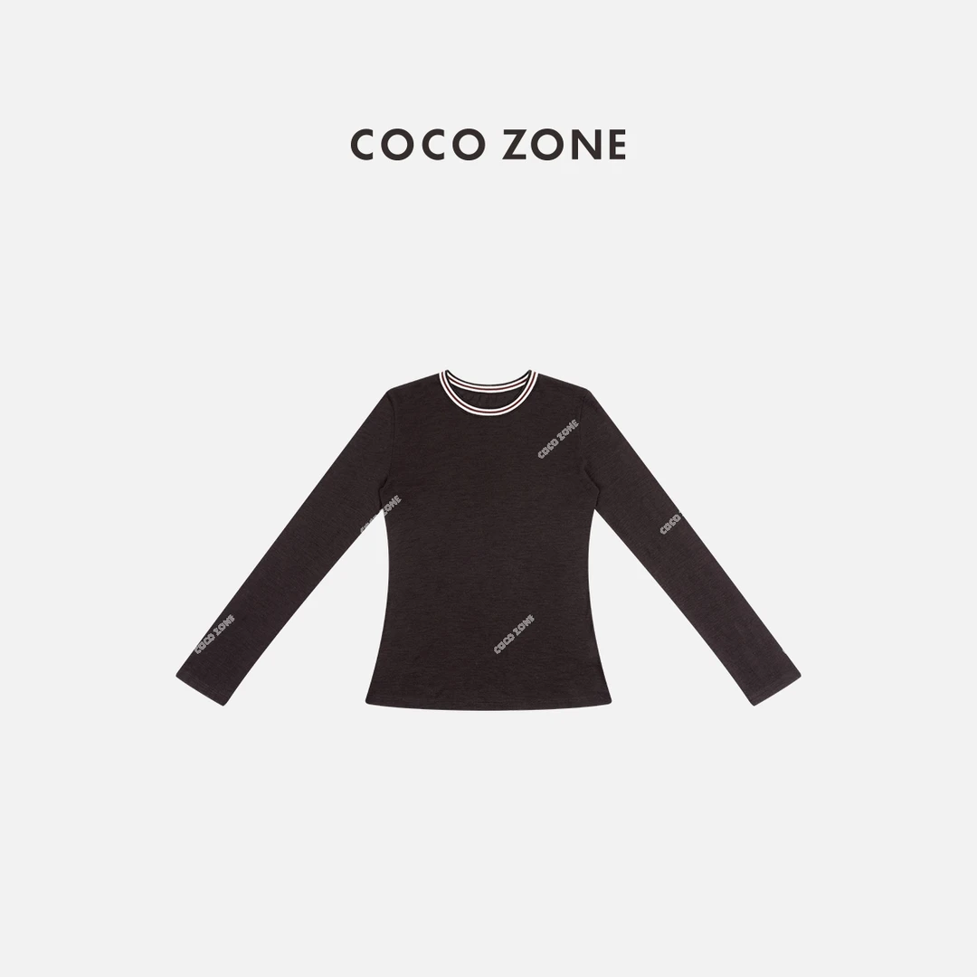 COCO ZONE 刘一一 100绵羊毛复古圆领简约撞色长袖T恤CC1D2402