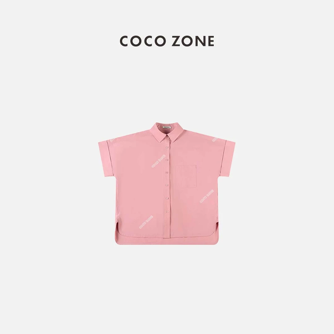 COCO ZONE 刘一一 通勤风不规则下摆开叉气质短袖衬衣23C18798