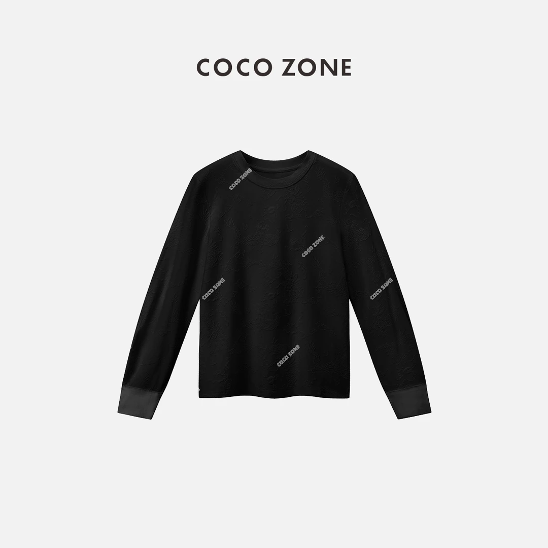 COCO ZONE 刘一一早春穿搭提花T恤高级感圆领长袖上衣CC1A0508