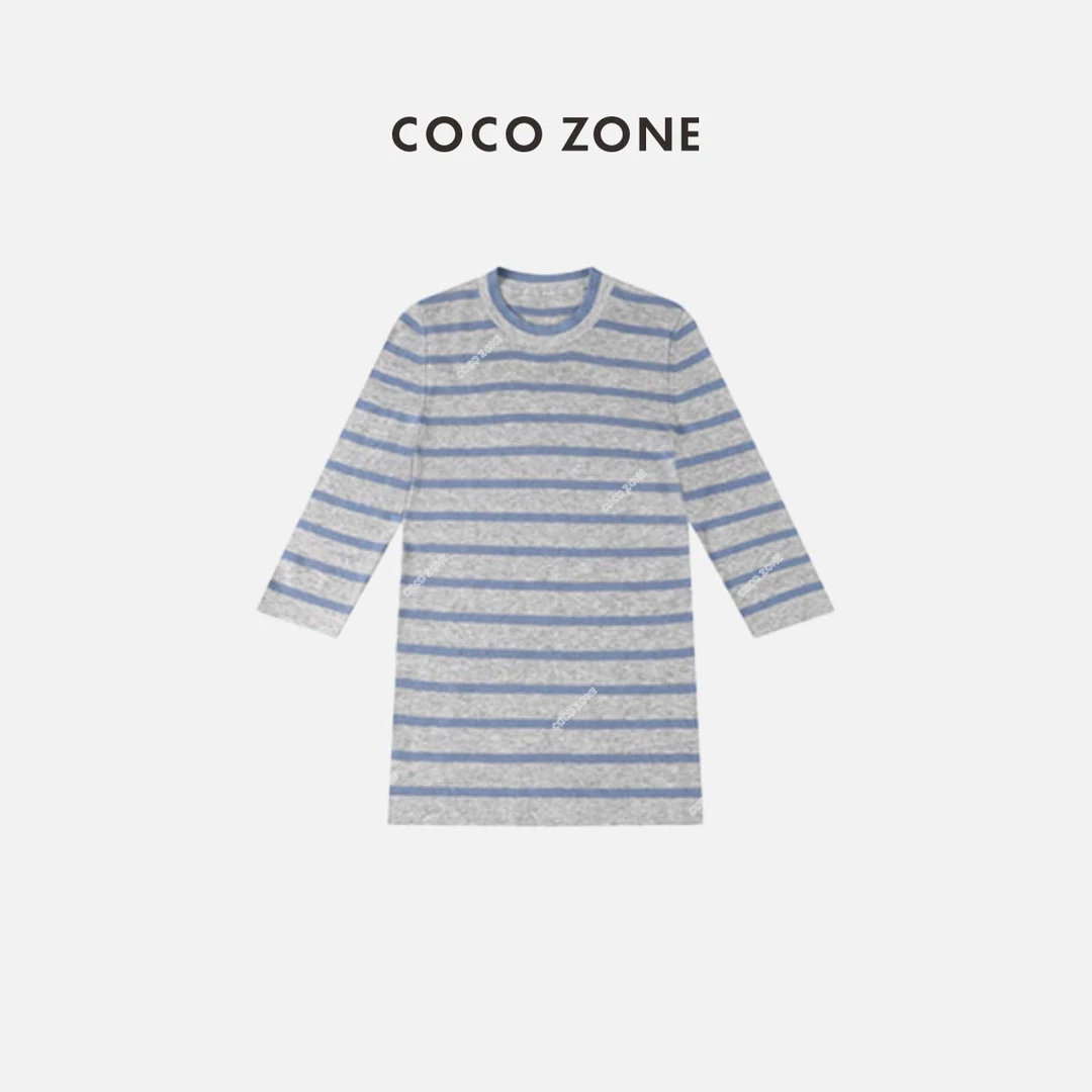 COCO ZONE 刘一一 新款中袖针织条纹开衫条纹上衣牛仔23C18111