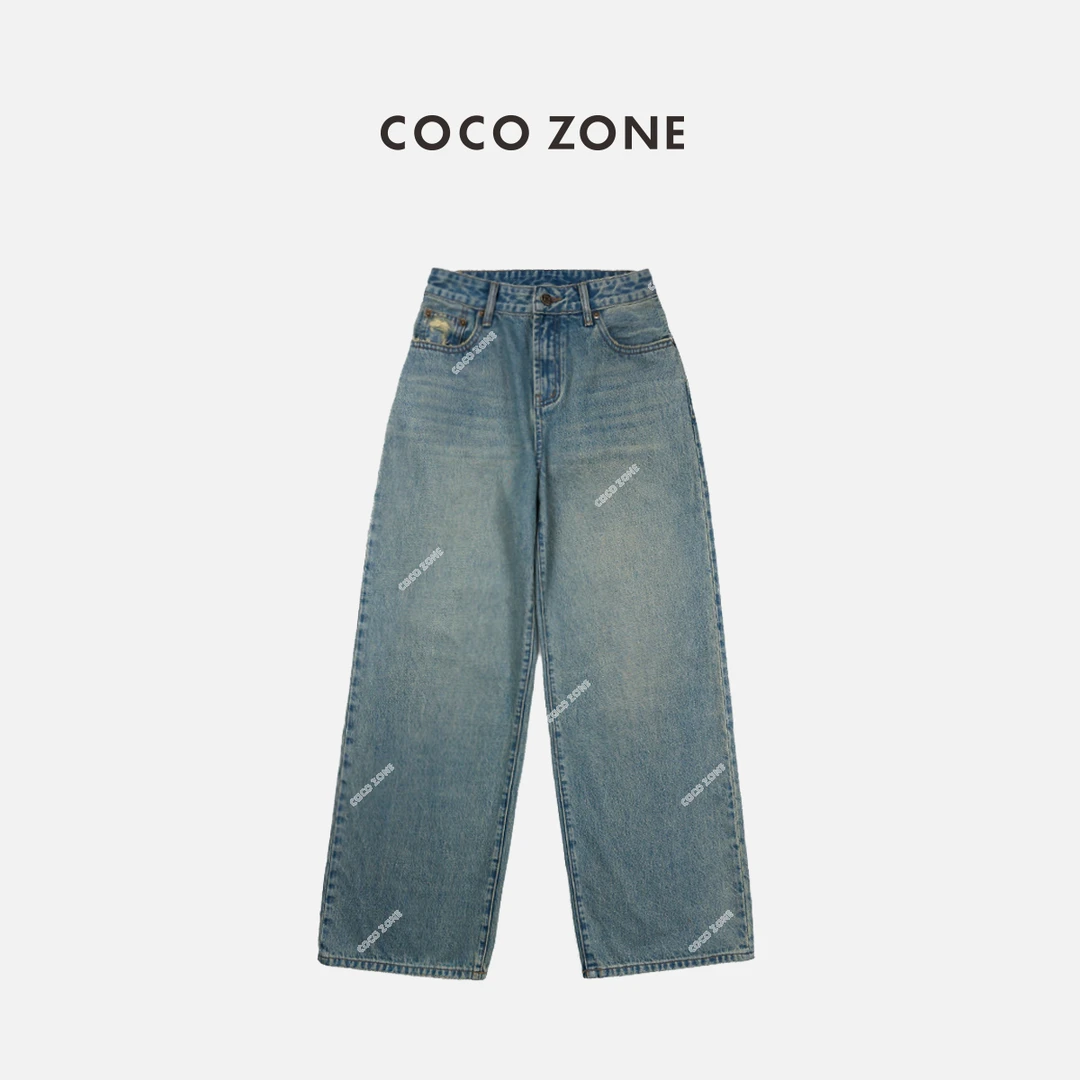 COCO ZONE 刘一一 潮流休闲牛仔裤做旧时尚复古修身阔腿C7828