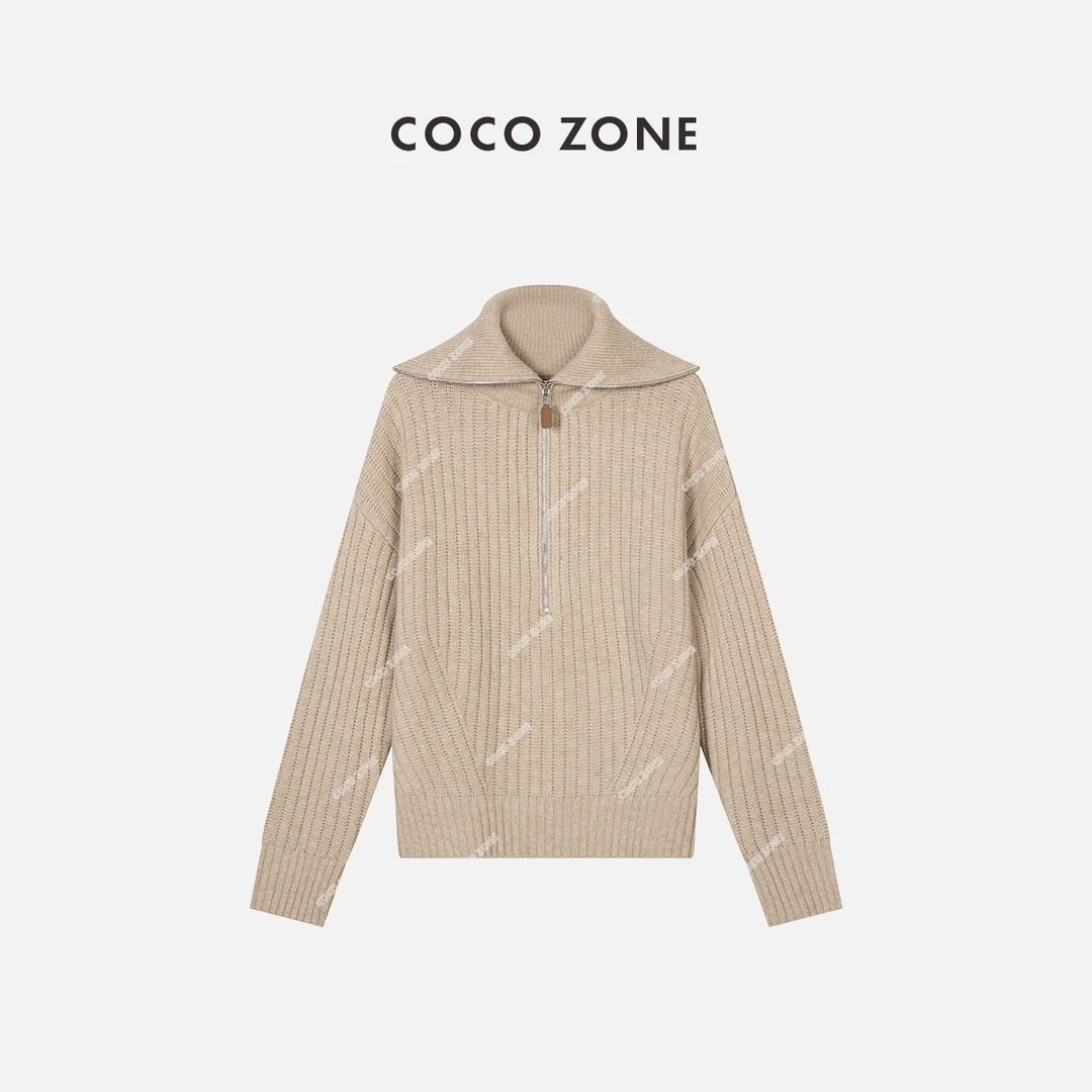 COCO ZONE 刘一一 100绵羊毛半开领毛衣拉链长袖针织23C29634