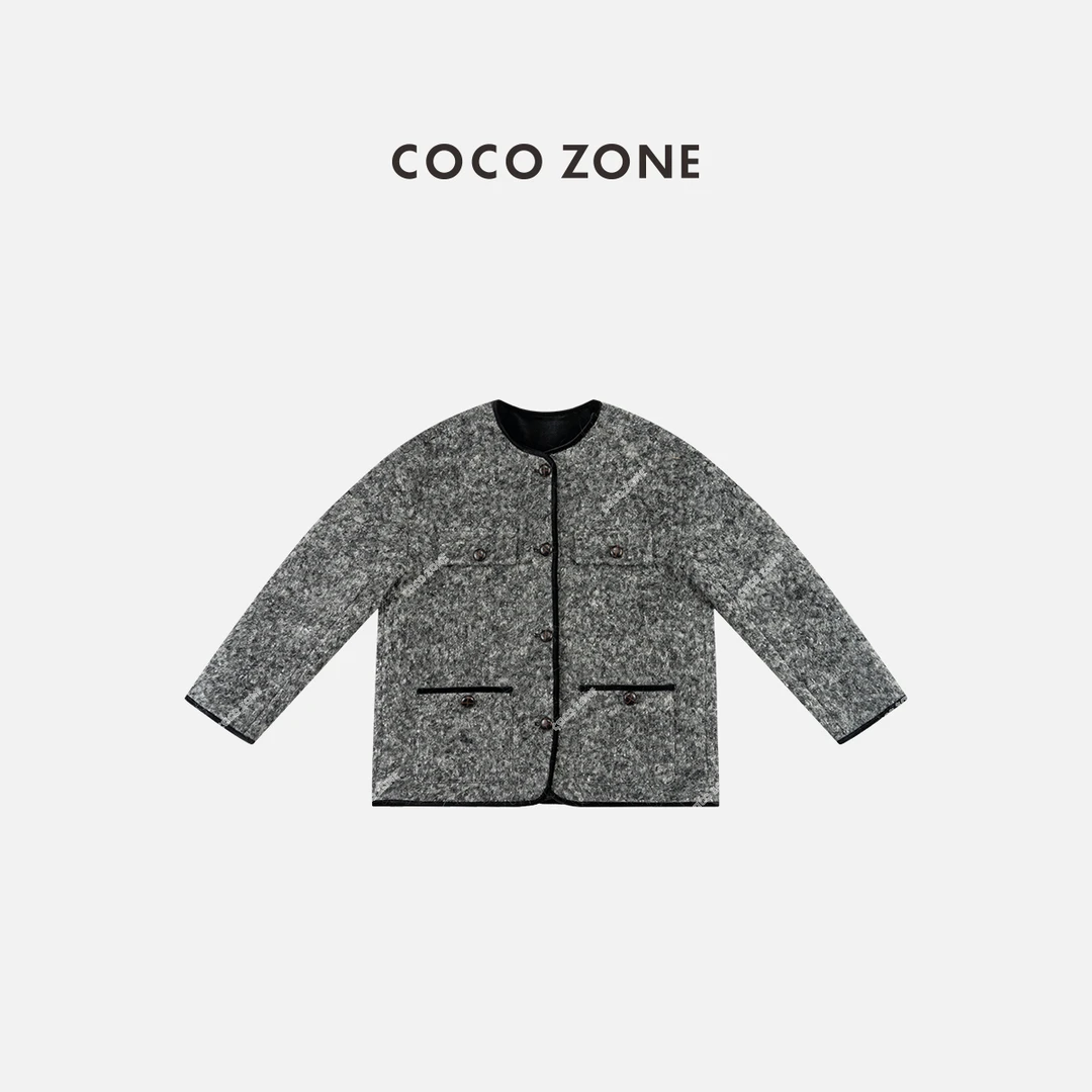 COCO ZONE刘一一 秋冬小香风圆领撞色边带口袋外套CC2D2633