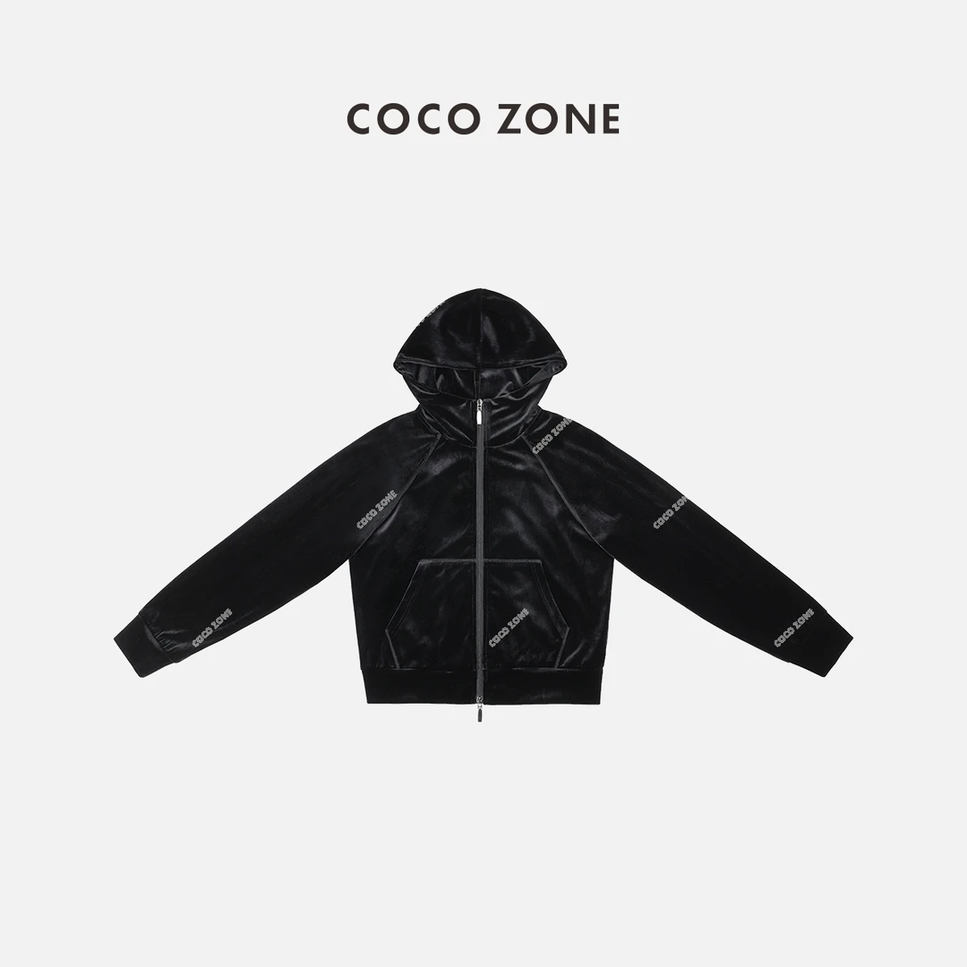 COCO ZONE 刘一一 高级感丝绒外套立领连帽双头拉链上衣24C10149