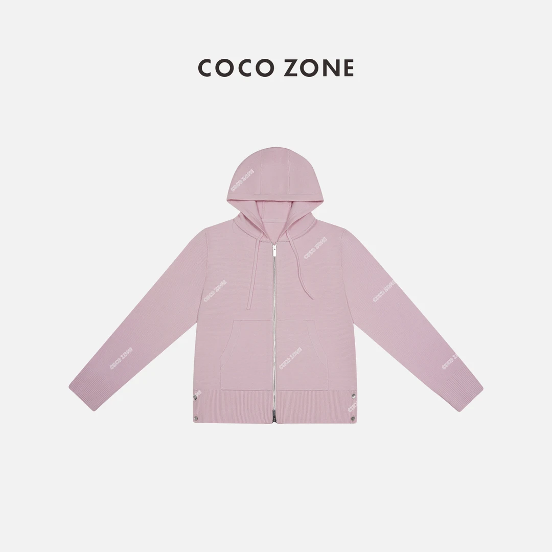 COCO ZONE 刘一一"樱花粉"连帽羊毛织百搭拉链针织衫 24C10275