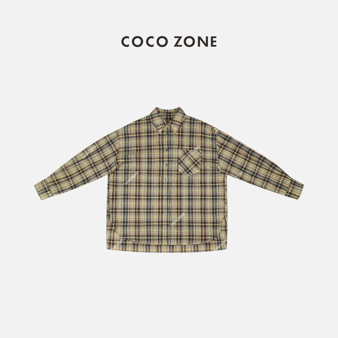 COCO ZONE 刘一一 复古宽松翻领格子衬衫百搭单排扣上衣CD1A0336