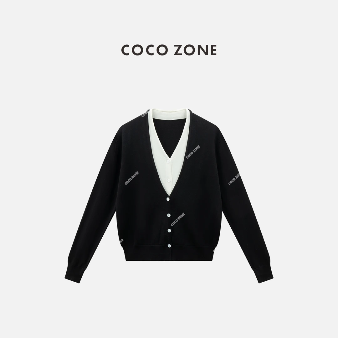 COCO ZONE 刘一一"随性美学"法式假两件针织衫单排扣上衣24C60020